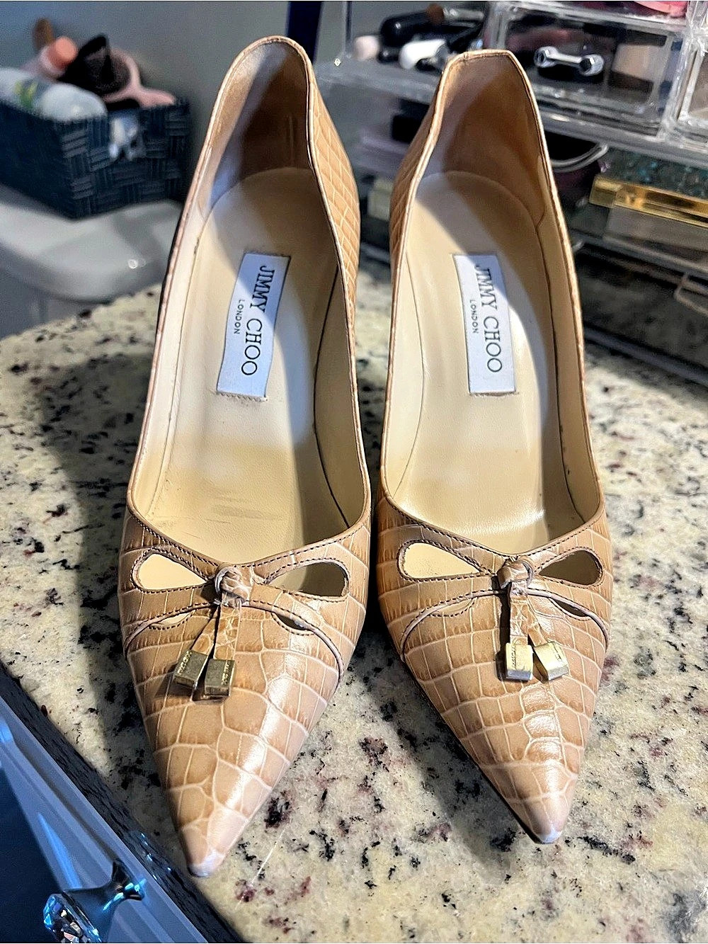 Jimmy Choo Crocodile-Embossed Pointed-Toe tassel pumps in nude
